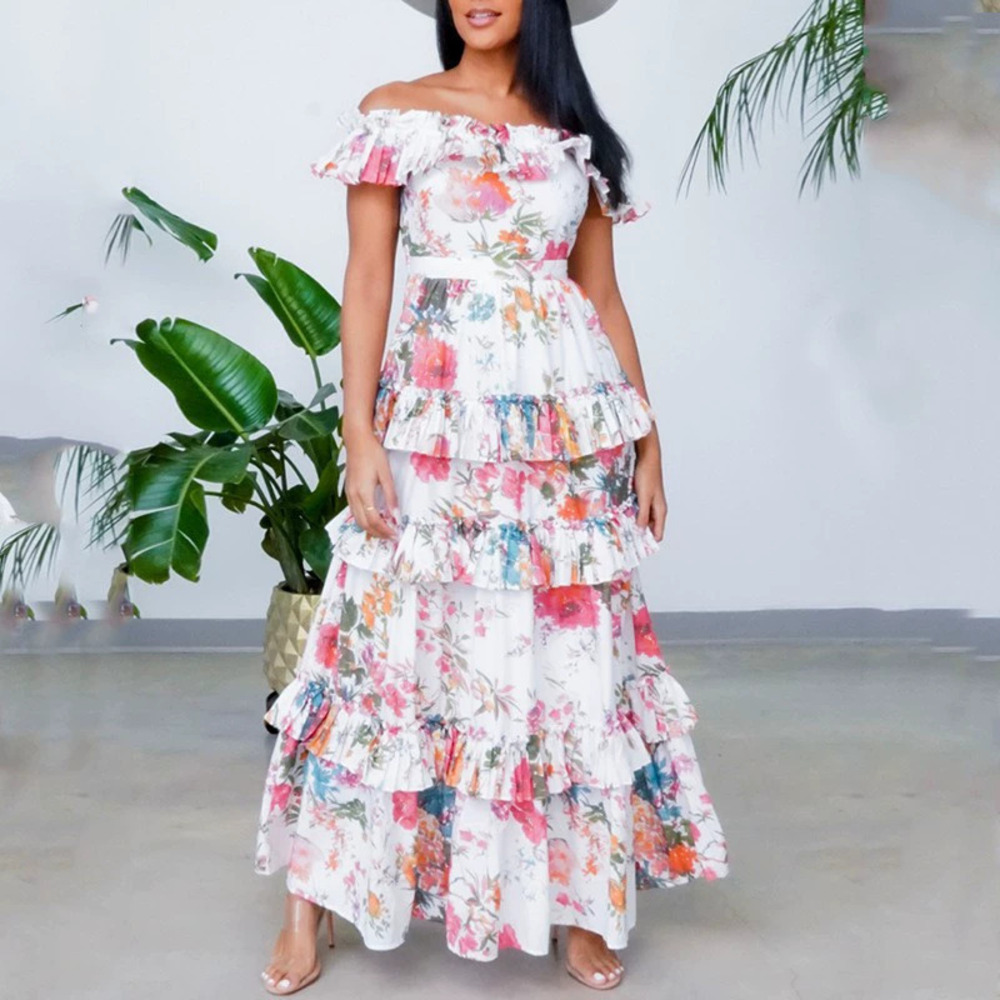 ZARA Round Neck Long Sleeve Printed Ruffle Hem Maxi Dress